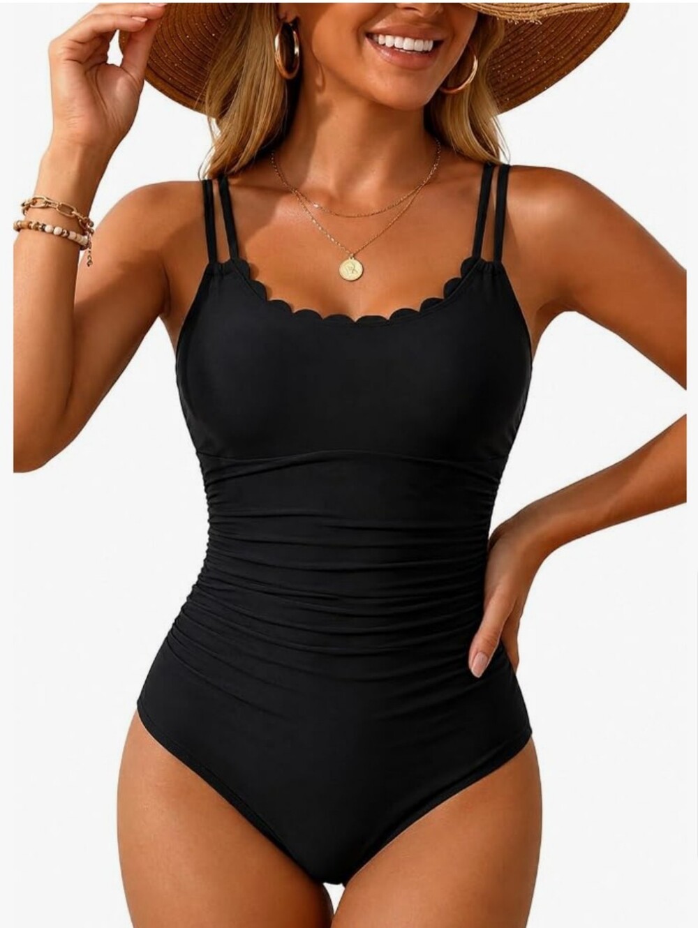 Scalloped Black One-Piece Swimsuit with Double Straps Size Med